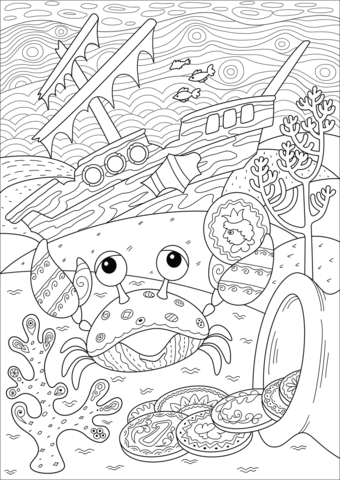 Crab Found Treasure Near Sunken Ship Coloring Page